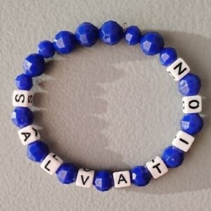SALVATION Blue Beaded Stretch Bracelet with White Letter Cubes